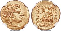 Ancients PONTIC KINGDOM. Mithradates VI (120-63 BC). AV stater (19mm, 8.25 gm, 12h). NGC Choice MS 5/5 - 5/5. Istrus, in the name and types of Lysimachus of Thrace, 88-86 BC. Diademed head of deified 