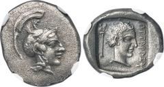 Ancients LYCIA. Patara. Ca. late 5th century BC. AR half-stater (16mm, 4.02 gm, 10h). NGC Choice XF★ 5/5 - 3/5. Head of Athena right wearing high-crested helmet / ΠTTPPPꞮҰ, bare head of Hermes right, 