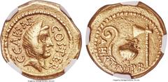 Ancients Julius Caesar, as Dictator (49-44 BC). AV aureus (20mm, 8.12 gm, 10h). NGC Choice VF 5/5 - 4/5. Rome, Aulus Hirtius, as praetor, 46 BC. C•CAESAR-COS•TER, veiled female head (Vesta or Pietas?)