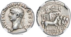 Ancients Divus Claudius I (AD 41-54). AR denarius (18mm, 3.69 gm, 3h). NGC VF★ 5/5 - 5/5. Rome, AD 54. DIVVS CLAVDIVS AVGVSTVS, laureate head of Divus Claudius I left / EX•S•C, slow quadriga proceedin