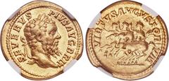 Ancients Septimius Severus (AD 193-211). AV aureus (21mm, 7.37 gm, 1h). NGC VF 5/5 - 3/5. Rome, ca. AD 210-211. SEVERVS-PIVS AVG BRIT, laureate head of Septimius Severus right / VIRTVS AVGVSTOR-VM, Se