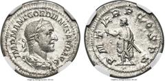 Ancients Gordian I Africanus (March-April AD 238). AR denarius (21mm, 3.44 gm, 6h). NGC Choice XF 4/5 - 3/5. Rome. IMP M ANT GORDIANVS AFR AVG, laureate, draped and cuirassed bust of Gordian I right, 