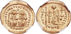 Ancients Justin I and Justinian I (4 April-1 August AD 527). AV solidus (20mm, 4.48 gm, 6h). NGC MS 5/5 - 4/5. Constantinople, 6th officina. D N IVSTIN ET IVSTINIAN PP AVG, Justin I and Justinian I en