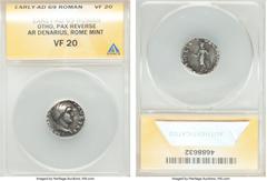 Ancients Otho (January-April AD 69). AR denarius (18mm, 6h). ANACS VF 20. Rome, January-April AD 69. M OTHO CAESAR AVG T R P, bare, bewigged head of Otho right / PAX ORBIS-TERRARVM, Pax standing left,