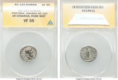 Ancients Pertinax (1 January-28 March AD 193). AR denarius (17mm, 12h). ANACS VF 35. Rome. IMP CAES P HELV-PERTIN AVG, laureate head of Pertinax right / VOT DEC-EN TR P COS II, Pertinax standing facin