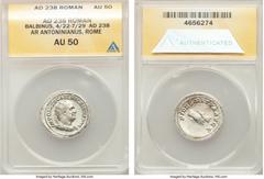 Ancients Balbinus (April-July AD 238). AR antoninianus (23mm, 2h). ANACS AU 50. Rome. IMP CAES D CAEL BALBINVS AVG, radiate, draped and cuirassed bust of Balbinus right, seen from front / FIDES MVTVA 