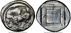 Ancients Greek MACEDON. Acanthus. Ca. 470-430 BC. AR tetradrachm (27mm, 17.04 gm, 5h). NGC MS 4/5 - 3/5, brushed. Lion springing right, biting into hind quarters of bull kneeling to left with head low