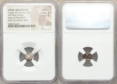 Ancients Greek LYCIA. Uncertain mint. Ca. early 4th century BC. AR obol (10mm, 0.86 gm, 12h). NGC VF S 4/5 - 4/5. Forepart of winged bull right, with extended foreleg / Murex shell; Φ to left and righ