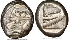 Ancients Greek LYCIA. Phaselis. Ca. 500-440 BC. AR stater (20mm, 6h). NGC VF. Prow of galley left in the form of a forepart of a boar, three shields above / ΦΑΣ, stern of galley right within incuse sq