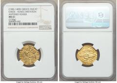 Crusader States Chios. Anonymous gold Imitative Ducat ND (1382-1400) MS61 NGC, Fr-2c. Imitating a gold Venetian Ducat of Andrea Dandolo. St. Mark standing right, blessing Doge kneeling left holding cr
