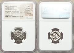 Ancients Greek LYCIA. Phaselis. Ca. 530-500 BC. AR stater (20mm, 10.81 gm) NGC XF 4/5 - 2/5, scratches. Prow of galley right, in the form of a boar's head and foreleg, three shields above / Rough trip