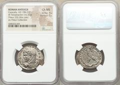 Ancients Roman Provincial SYRIA. Antioch. Caracalla (AD 198-217). AR tetradrachm (28mm, 16.32 gm, 11h). NGC Choice MS 4/5 - 5/5. AD 216-217. ANTΩNEIOC•-•CEB•AYTK•M•A, laureate, draped and cuirassed bu