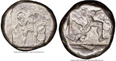 Ancients Greek PAMPHYLIA. Aspendus. Ca. mid-5th century BC. AR stater (20mm, 10.78 gm, 10h). NGC VF 3/5 - 4/5, overstruck. Helmeted nude hoplite warrior advancing right, shield in left hand, spear for