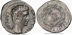 Ancients Roman Imperial Augustus (27 BC-AD 14). AR denarius (20mm, 3.40 gm, 4h). NGC Choice XF 4/5 - 2/5. Spain, Colonia Patricia(?), ca. 19/8 BC. CAESAR-AVGVSTVS, bare head of Augustus right; dotted 