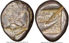 Ancients Greek LYCIA. Phaselis. Ca. 500-440 BC. AR stater (22mm, 12h). NGC Fine, test cut. Prow of galley left in the form of a forepart of a boar, three shields above / ΦΑΣ, stern of galley right wit