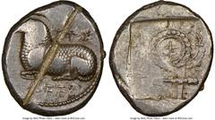 Ancients Greek CYPRUS. Salamis. Nicodamus (ca. 460-450 BC). AR stater (23mm, 5h). NGC VF, test cut, die shift. e-u-we-le-to-to-se (Cypriot=Euelthon (father of Nicodamus)), ram recumbent left; dotted b