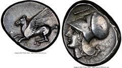 Ancients Greek CORINTHIA. Corinth. Ca. 4th century BC. AR stater (22mm, 8.64 gm, 3h). NGC AU 4/5 - 5/5. Pegasus flying left, Ϙ below / Head of Athena left, wearing Corinthian helmet pushed back on hea