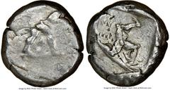 Ancients Greek PAMPHYLIA. Aspendus. Ca. mid-5th century BC. AR stater (20mm, 3h). NGC VG, overstruck. Helmeted nude hoplite warrior advancing right, shield in left hand, spear forward in right / ΕΣ, t