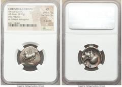 Ancients Greek CORINTHIA. Corinth. Ca. 4th century BC. AR stater (22mm, 8.37 gm, 3h). NGC XF 5/5 - 3/5, light graffiti. Ca. 345-307 BC. Pegasus flying left; Ϙ below / Head of Athena left, wearing Cori