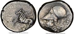 Ancients Greek CORINTHIA. Corinth. Ca. 4th century BC. AR stater (20mm, 8.34 gm, 1h). NGC XF 3/5 - 3/5. Ca. 400-375 BC. Pegasus flying left; Ϙ below / Head of Athena left, wearing Corinthian helmet pu