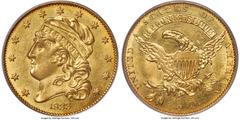 Early Half Eagles 1833 $5 Small Date, BD-3, High R.7, MS61 PCGS. Bass-Dannreuther Die State b/b. BD-3 is by far the rarest of the three 1833 half eagle varieties; in fact, it is among the rarest die p