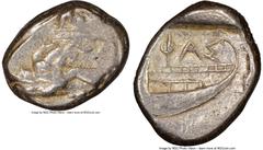 Ancients Greek LYCIA. Phaselis. Ca. 500-440 BC. AR stater (21mm, 2h). NGC VF. Prow of galley left in the form of a forepart of a boar, three shields above / ΦΑΣ, stern of galley right within incuse sq