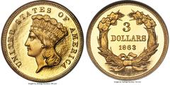 Proof Three Dollar Gold Pieces 1863 $3 PR67 S Ultra Cameo NGC. JD-1, High R.6. The 1863 proof three dollar gold piece has been a celebrated rarity since its time of issue. Only 39 proofs were struck, 
