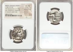 Ancients Greek SICILY. Siculo-Punic. Entella. Ca. 345-315 BC. AR tetradrachm (25mm, 17.16 gm, 3h). NGC Choice AU 5/5 - 4/5. Head of Arethusa/Persephone right, wearing barley ear wreath, triple pendant