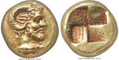 Ancients Greek MYSIA. Cyzicus. Ca. 500-450 BC. EL 1/12 stater or hemihecte (9mm, 1.33 gm). NGC Choice AU S 5/5 - 3/5, scuff. Head of Zeus-Ammon right, with ram horn and ear; tunny fish right below / Q