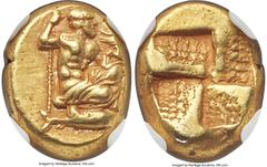 Ancients Greek MYSIA. Cyzicus. Ca. 450-350 BC. EL sixth-stater or hecte (11mm, 2.60 gm). NGC Choice XF 4/5 - 3/5, Fine Style. Zeus, draped, kneeling right, scepter in right hand, eagle preparing to ta