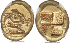Ancients Greek MYSIA. Cyzicus. Ca. 450-350 BC. EL sixth-stater or hecte (11mm, 2.70 gm). NGC Choice AU 5/5 - 3/5, Fine Style. Silenus kneeling right, supporting amphora on left leg while pouring wine 