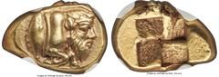 Ancients Greek MYSIA. Cyzicus. Ca. 450-350 BC. EL sixth-stater or hecte (13mm, 2.67 gm). NGC Choice XF S 5/5 - 4/5. Forepart of river god Achelous swimming right, tunny upward behind / Quadripartite m