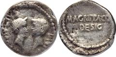 Ancients Roman Republic The Triumvirs. Octavian, Divus Julius Caesar, and Agrippa. 38 BC. AR denarius (19mm, 7h). ANACS VG 8, reengraved, tooled. Military mint traveling with Agrippa in Gaul or Octavi