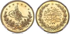 Islamic Dynasties Ottoman Empire. Abdul Aziz gold Proof 100 Kurush AH 1277 Year 13 (1872/3) PR67 NGC, Constantinople mint (in Turkey), cf. KM696 (unlisted in Proof), Fr-25 (same), Kazan-Unl., Pere-918