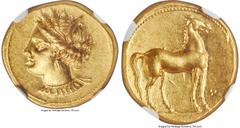 Ancients Greek ZEUGITANA. Carthage. Ca. 350-320 BC. AV stater (19mm, 9.40 gm, 3h). NGC MS 5/5 - 4/5. Bust of Tanit left, hair wreathed in barley ears, wearing triple pendant earring, and necklace with