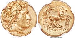 Ancients Greek MACEDONIAN KINGDOM. Philip II (359-336 BC). AV stater (18mm, 8.59 gm, 11h). NGC Choice MS 5/5 - 5/5, Fine Style. Late posthumous issue of Colophon, under Philip III Arrhidaeus, ca. 322 