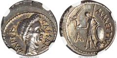 Ancients Roman Republic Julius Caesar, as Dictator (49-44 BC). AR denarius (18mm, 4.00 gm, 2h). NGC Choice XF S 5/5 - 5/5, Fine Style. Rome, M. Mettius as Moneyer, March-April 44 BC. CAESAR-IMPER, wre