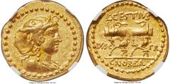 Ancients Roman Republic L. Cestius and C. Norbanus (ca. 43 BC). AV aureus (20mm, 7.96 gm, 12h). NGC AU 4/5 - 4/5. Rome, ca. January-April 43 BC. Draped bust of Africa right, seen from front, wearing e