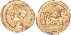 Ancients Roman Imperial Octavian, as Sole Imperator (31-27 BC). AV aureus (22mm, 7.96 gm, 1h). NGC XF 5/5 - 3/5. Italian mint, ca. 32-29 BC. Bare head of Octavian left; linear border / CAESAR•DIVI•F; 