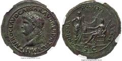 Ancients Roman Imperial Nero, as Augustus (AD 54-68). AE sestertius (37mm, 30.48 gm, 7h). NGC AU 5/5 - 2/5, smoothing. Lugdunum, AD 65. NERO CLAVD CAESAR AVG GER P M TR P IMP P P, laureate head of Ner
