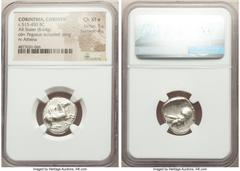 Ancients Greek CORINTHIA. Corinth. Ca. 515-450 BC. AR stater (18mm, 8.64 gm, 2h). NGC Choice XF S 5/5 - 4/5. Pegasus with curled wing flying right, Ϙ below / Head of Athena right wearing uncrested Cor