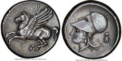 Ancients Greek CORINTHIA. Corinth. Ca. 4th century BC. AR stater (21mm, 8.54 gm, 6h). NGC Choice XF 5/5 - 3/5. Ca. 400-375 BC. Pegasus flying left; Ϙ below / Head of Athena left, wearing Corinthian he