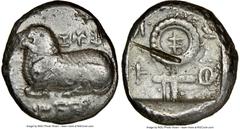 Ancients Greek CYPRUS. Salamis. Nicodamus (ca. 460-450 BC). AR stater (21mm, 1h). NGC VF, test cut. e-u-we/le-to-to-se (Cypriot=Euelthon (father of Nicodamus)), ram recumbent left; dotted border / ni-