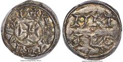 France County of Poitou. Anonymous Immobilized Denier or Obol ND (11th-12th Century) MS65 PCGS, Melle mint, Rob-3862, Dep-630 or 631var., cf. Bailleul, "La Monnaie des Comtes de Poitou au Type MET/ALO