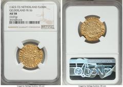 Netherlands Gelderland. Arnold Van Egmond gold St. Jans Goldgulden (Florin d'or) ND (1423-1472) AU58 NGC, Fr-56. Delm-604. 3.07 gm. S. IOHANNES - BABTISTA (lion), John the Baptist standing facing / DV
