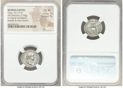 Ancients Roman Imperial Titus (AD 79-81). AR denarius (18mm, 3.50 gm, 6h). NGC Choice XF 5/5 - 5/5. Rome, 1 January-30 June AD 80. IMP•TITVS CAES VESPASIAN AVG P M•, laureate head of Titus right / TR 