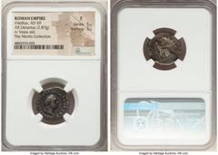 Ancients Roman Imperial Vitellius (July-December AD 69). AR denarius (19mm, 2.87 gm, 5h). NGC Fine 5/5 - 3/5. Rome. A VITELLIVS GERM IMP AVG TR P, laureate head of Vitellius right / PONT-MAXIM, Vesta,