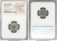 Ancients Roman Imperial Trajan (AD 98-117), with Divus Trajan Pater. AR denarius (19mm, 6h). NGC Choice VF. Rome, AD 112-114 AD. IMP TRAIANVS AVG GER DAC P M TR P COS VI P P, laureate head of Trajan r