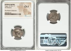 Ancients Roman Imperial Trajan (AD 98-117), with Divus Trajan Pater. AR denarius (19mm, 7h). NGC Choice Fine. Rome, AD 112-114 AD. IMP TRAIANVS AVG GER DAC P M TR P COS VI P P, laureate head of Trajan