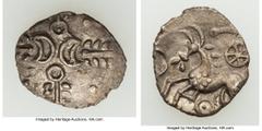 Ancients Celtic BRITAIN. Iceni. Ca. 15-1 BC. AR unit (14mm, 0.97 gm, 12h). Choice XF. Uninscribed coinage. Crossed wreath and crescent motif / Horse prancing left; wheel with six spokes above, pellet 